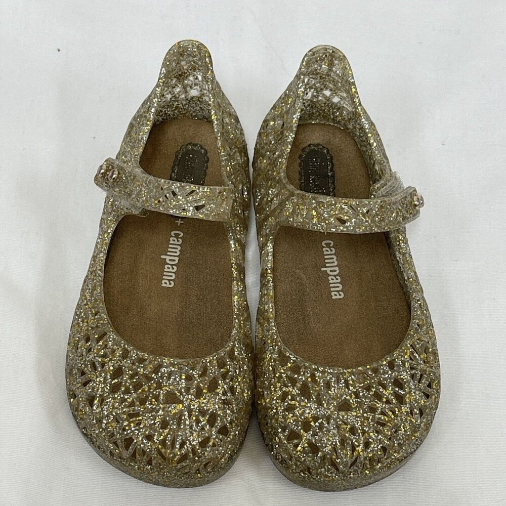 Mini Melissa + Campana Zig Zag Glitter GOLD Mary Jane Jellies Shoes size 2 Girls - Picture 2 of 6